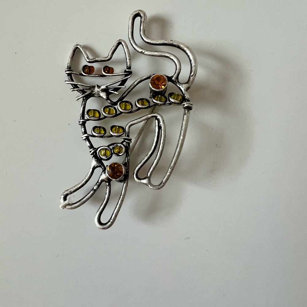 Silver Cat Brooch with Amber and Yellow Accents